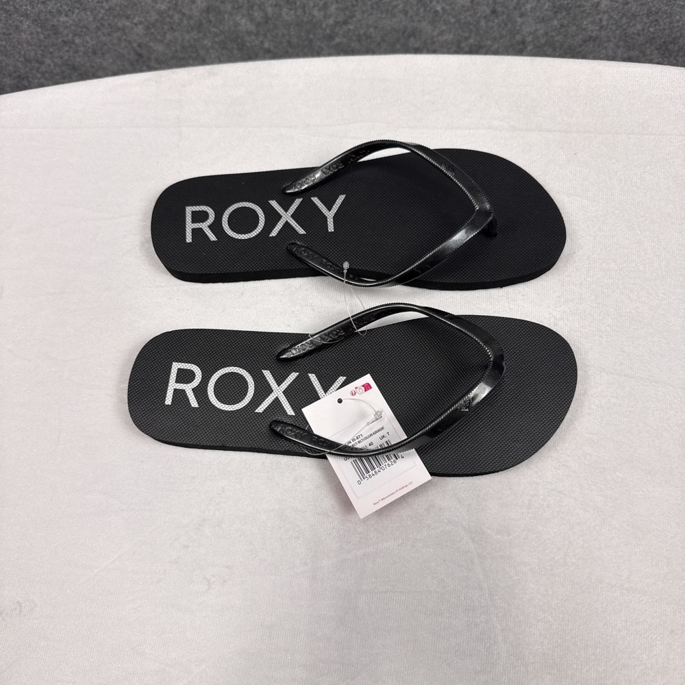 Roxy Flip Flop Sandals Melon III Size 9 Black Silver Rubber Beach Thong Sandals